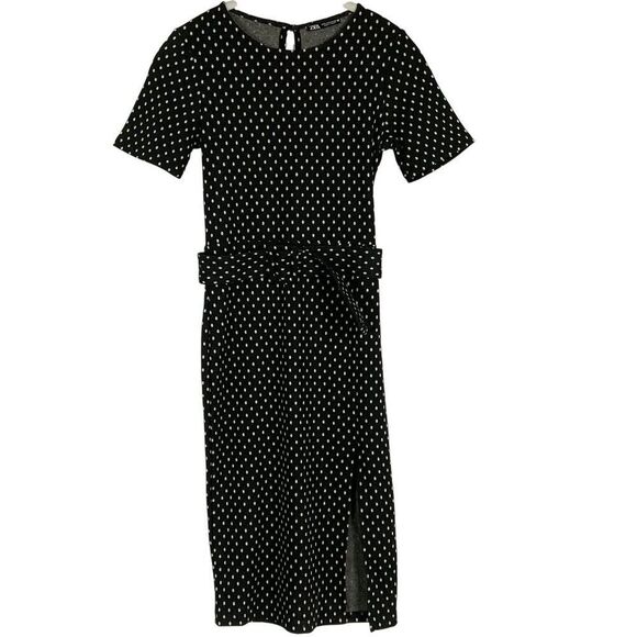 ZARA Polka Dot Bodycon Belted Side Slit, Size Small, Black/White - Picture 5 of 14